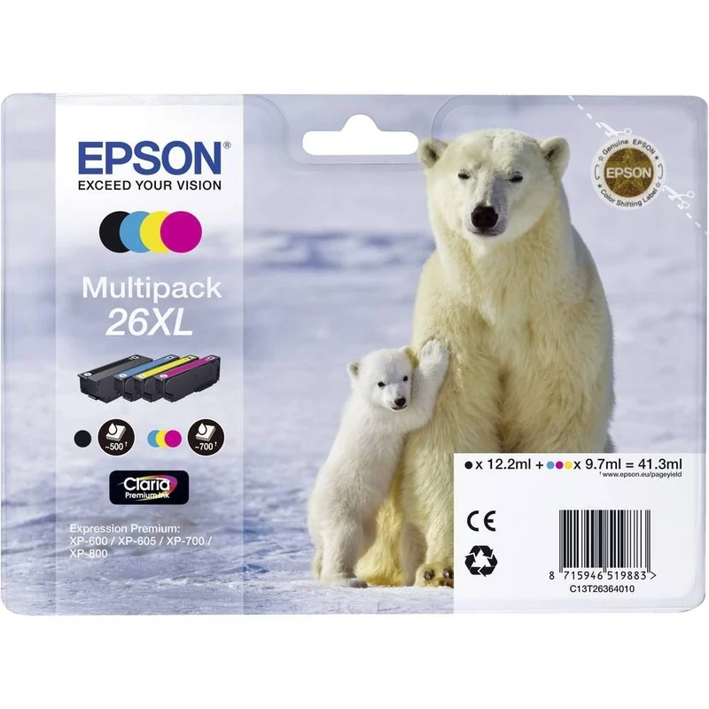 Epson 26XL Polar Bear High Yield Genuine Multipack, 4-colours Claria Premium Ink Cartridges