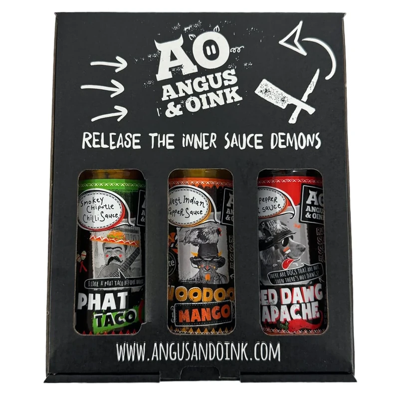 Angus & Oink | Hot Sauce Gift Set | 1 x Hot Apache Red Dawg 1 x Voodoo Mango 1 x Phat Taco Chipotle | Classic Hot Sauce Collection | Set of 3