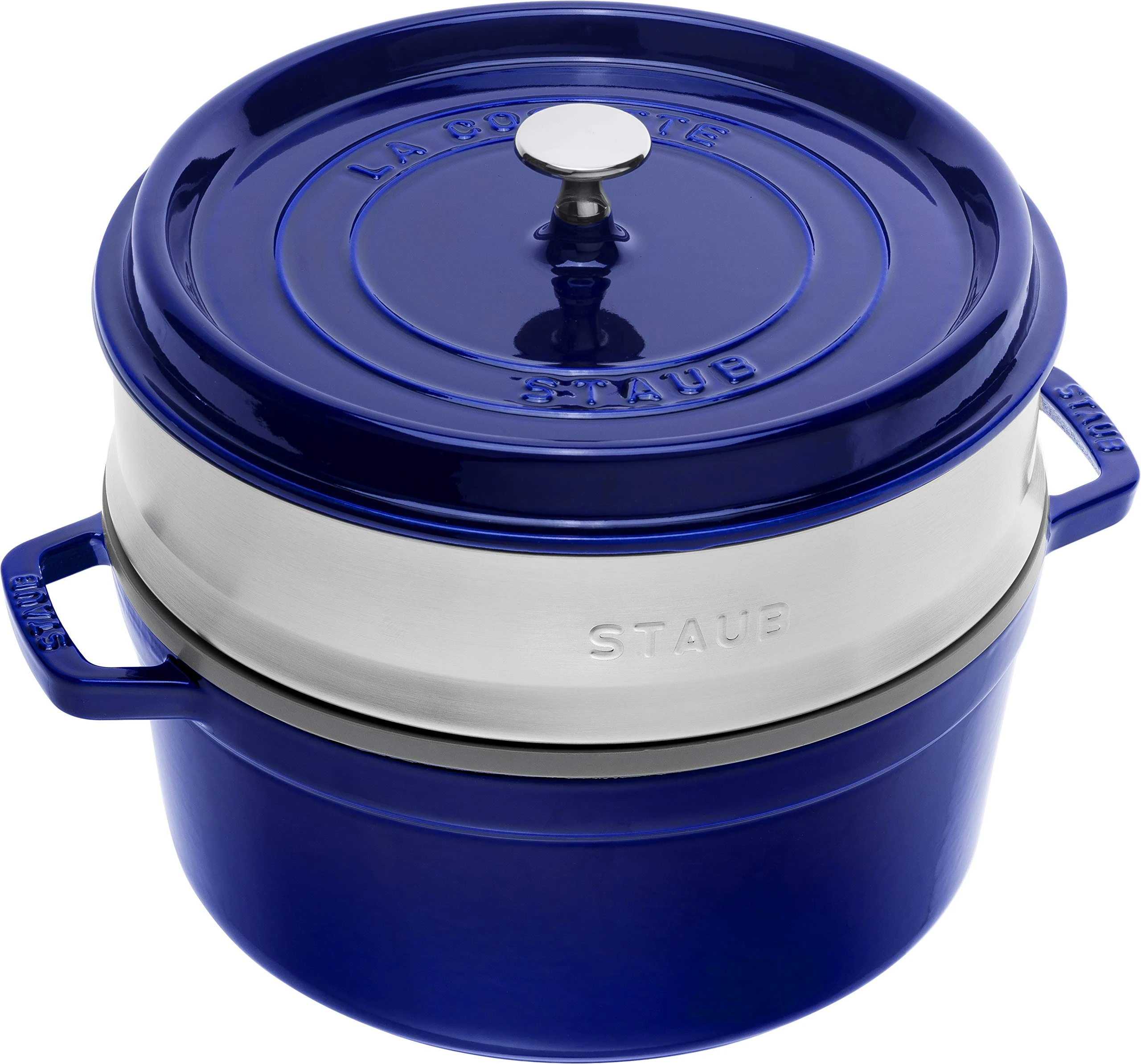 STAUB Cast Iron Roaster/Cocotte with Steamer Insert, Round, 26 cm, 5.2 L, With matte black interior enamel, Dark Blue