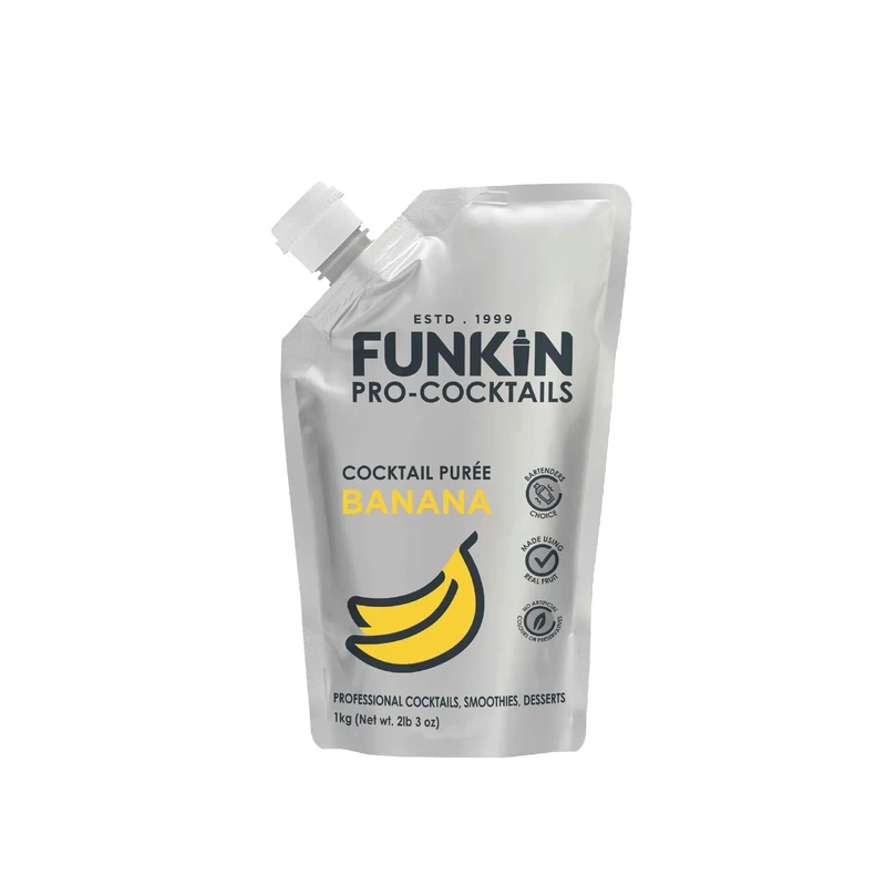 FUNKIN Banana Puree Cocktail Mixer | Made with Real Fruit | Fresh Fruit Puree for Professional Cocktails, Smoothies, & Desserts | 0% ABV | Resealable Pouch | 1kg, Pack of 5