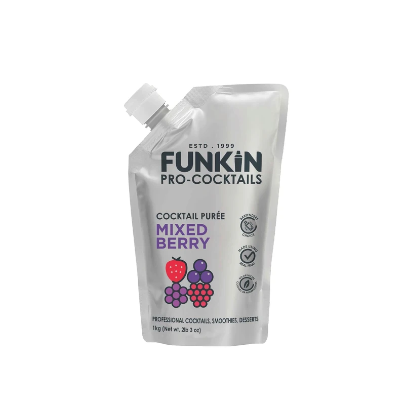 FUNKIN Mixed Berry Puree Cocktail Mixer | Made with Real Fruit | Fresh Fruit Puree for Professional Cocktails, Smoothies, & Desserts | 0% ABV | Resealable Pouch | 1kg, Pack of 5
