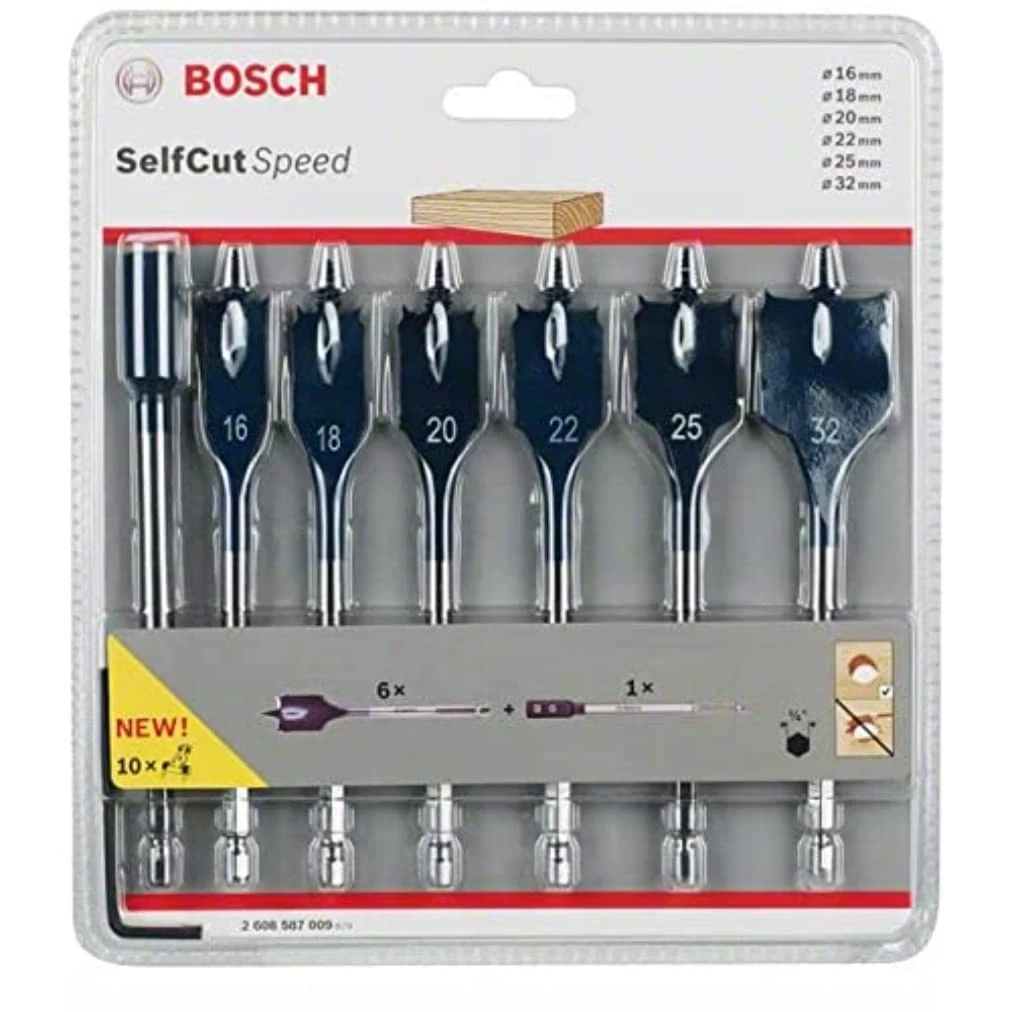 Bosch 2608587009 ' Professional 7-Piece Self Cut Speed Spade Bit Set with 1/4 Inch Hex Shank, Including Extension , 16mm/18mm/20mm/22mm/25mm/32mm