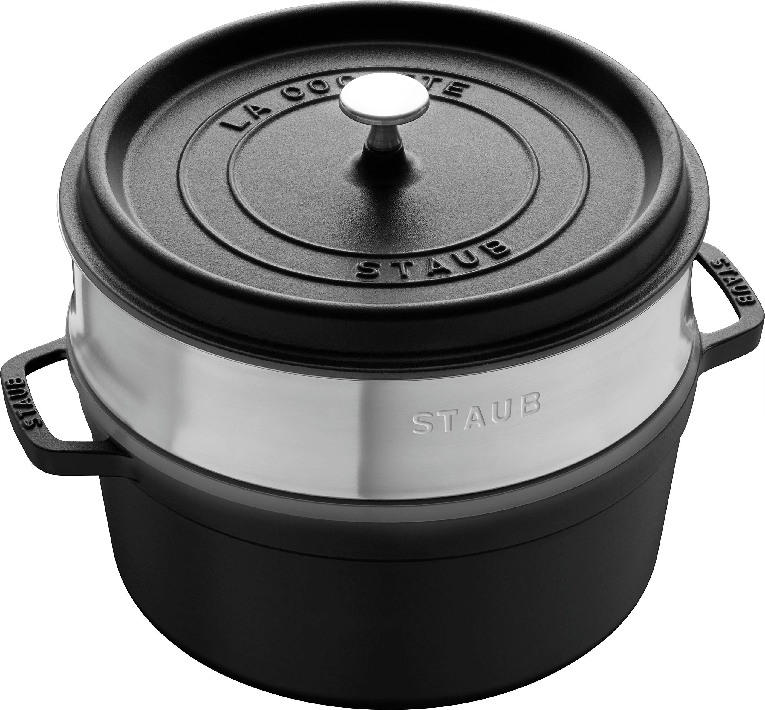 STAUB Cast Iron Roaster/Cocotte, With Steam Insert, Round 26 cm, 5.2 L, With Matte Black Enamel Inside the Pot, Black