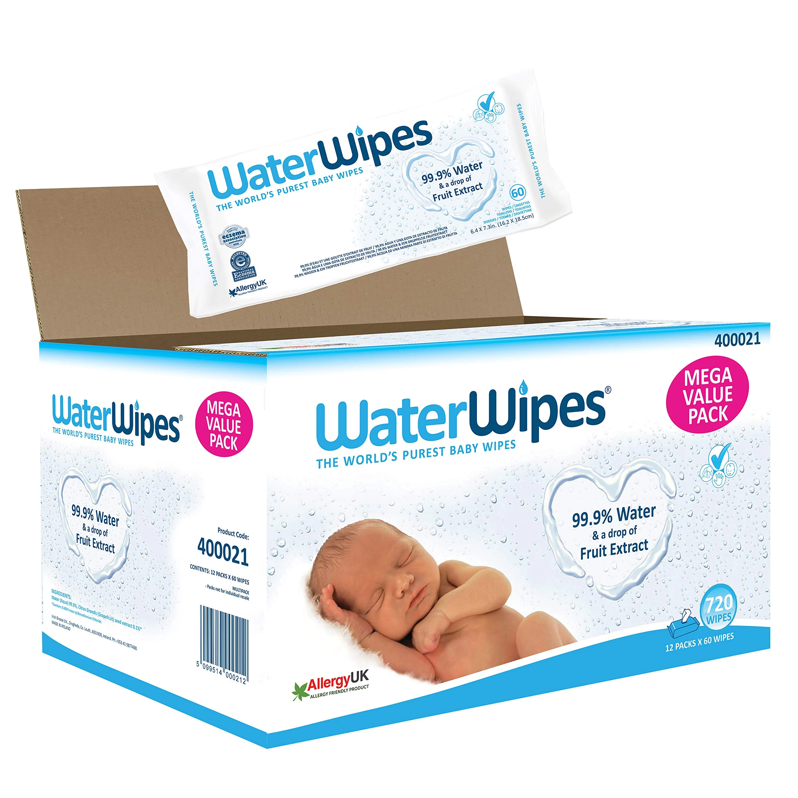 WaterWipes Baby Wipes, 99.9% Water, Unscented, Sensitive, Newborn Skin, 720 Wet Wipes (12 Packs of 60 Wipes)