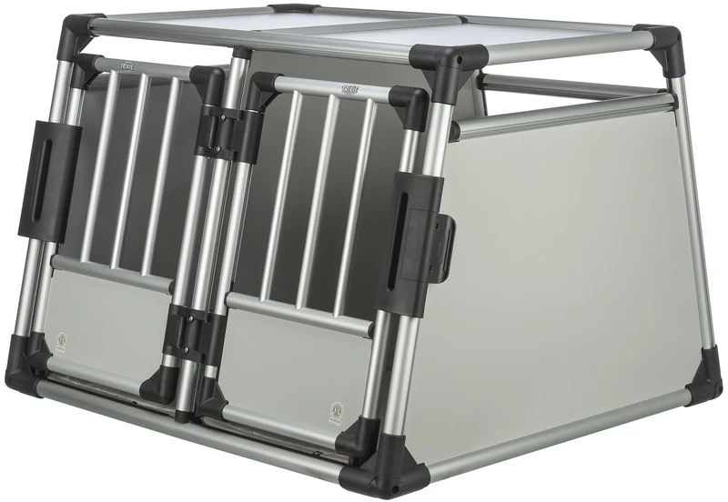 TRIXIE double transport box aluminium - dog crate for two dogs up to 50 kg, 93 × 64 × 83 cm, with removable partition, safety lock at the front & non-slip mat - 39345