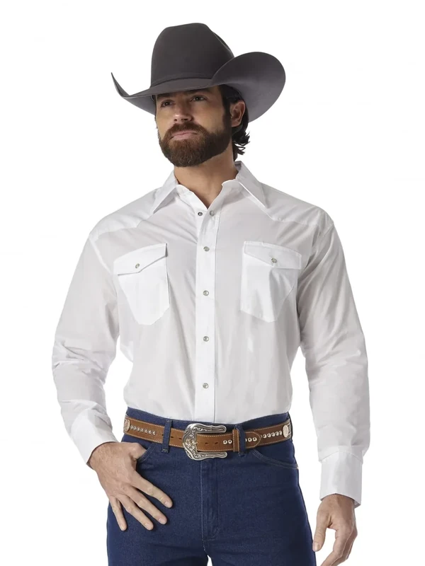 Wrangler Men's Sport Western Basic Two Pocket Long Sleeve Snap Shirt Shirt, White, M
