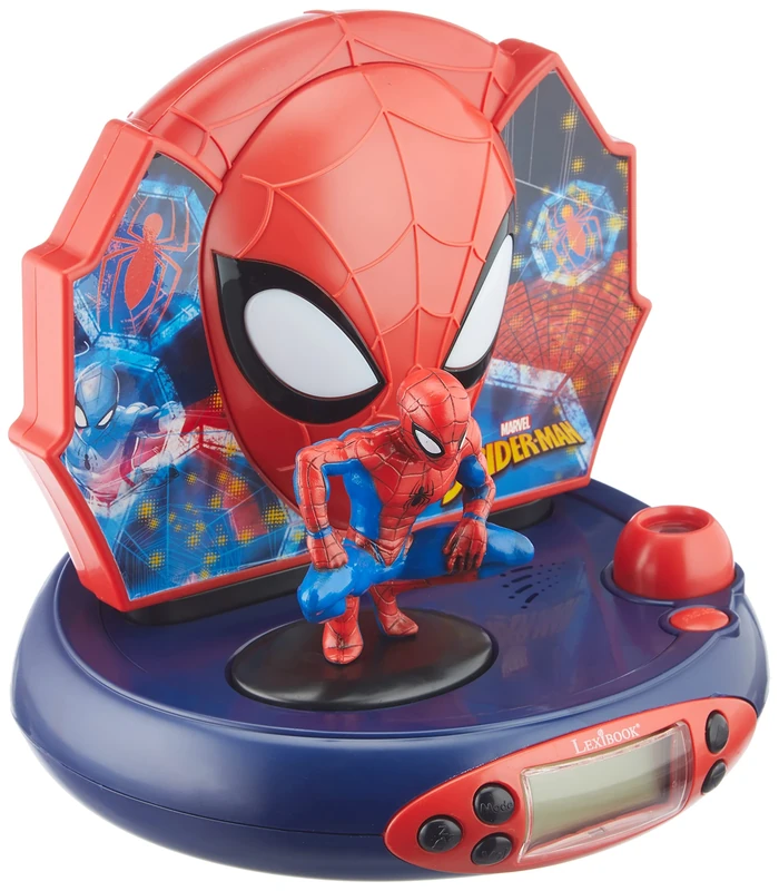 LEXIBOOK, Spider-Man, Projector Alarm Clock for kids, Nightlight and time projection to the ceiling, Sound Effects, Battery-powered, Red, RP500SP