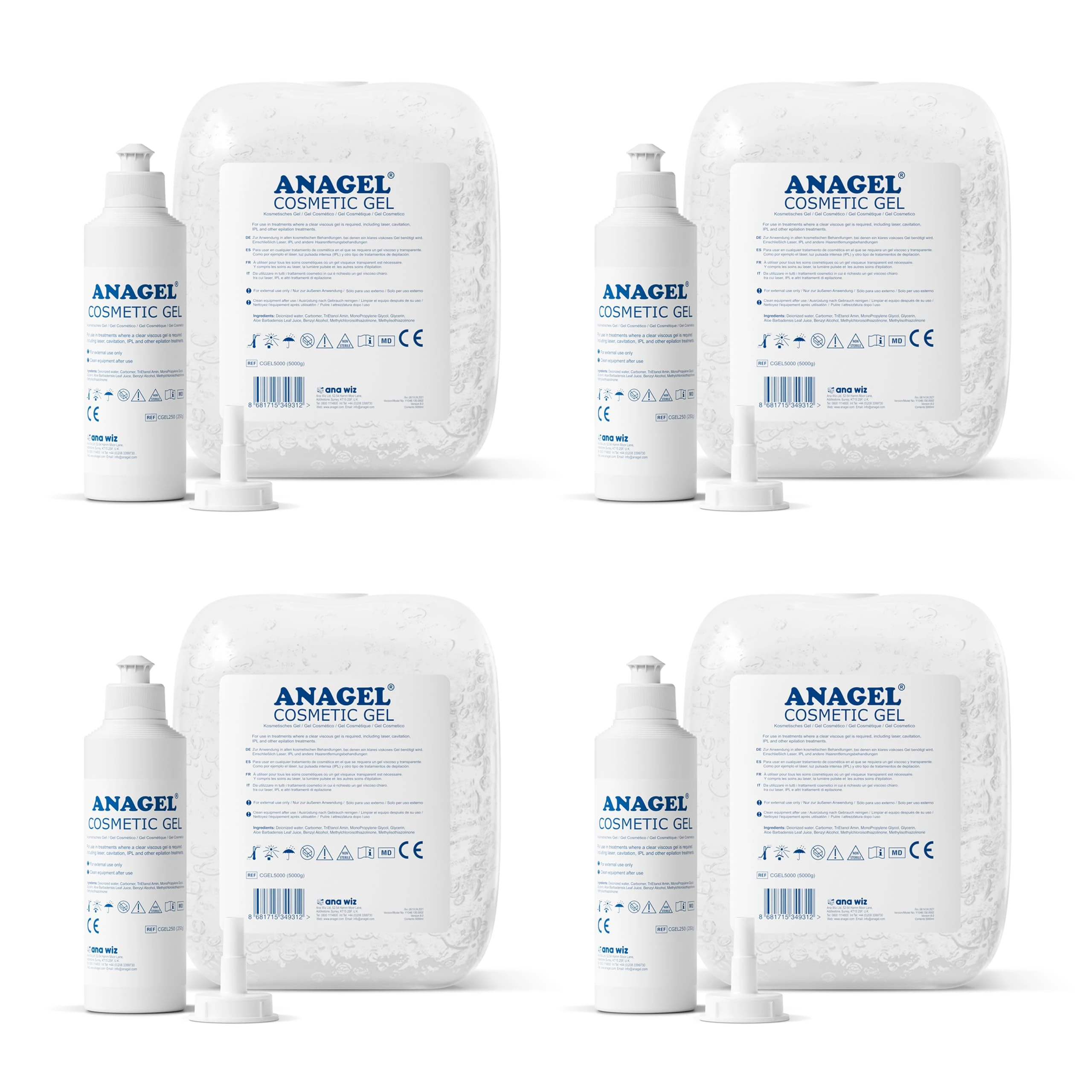 Anagel Cosmetic IPL/Laser Gel (4 x 5000ml + 4 x 250ml Dispensing Bottle)