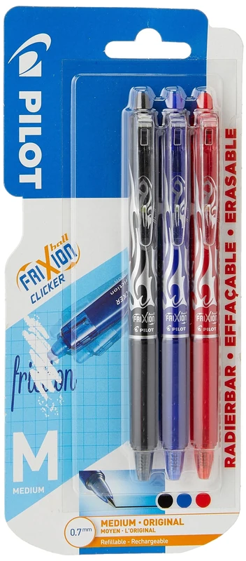 Pilot Frixion Clicker Retractable Erasable Rollerball, 0.7 mm Tip - Black/Blue/Red, Pack of 3