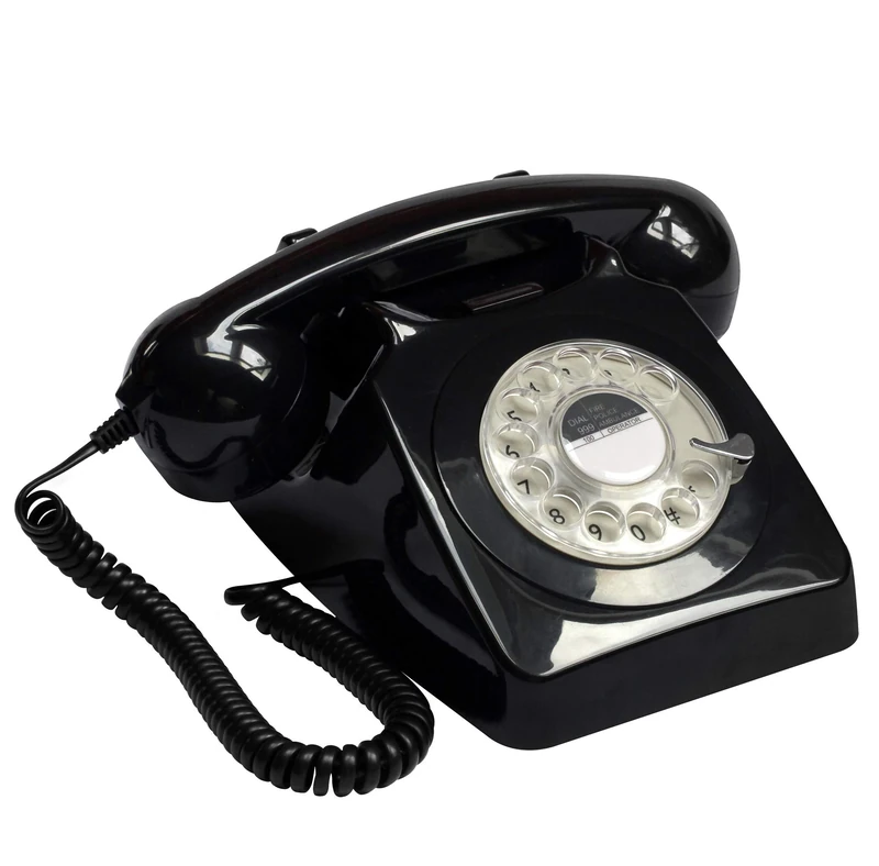 GPO 746 Rotary 1970s-Style Retro Landline Telephone, Classic Telephone with Ringer On/Off Switch, Curly Cord, Authentic Bell Ring for Home, Hotels- Black