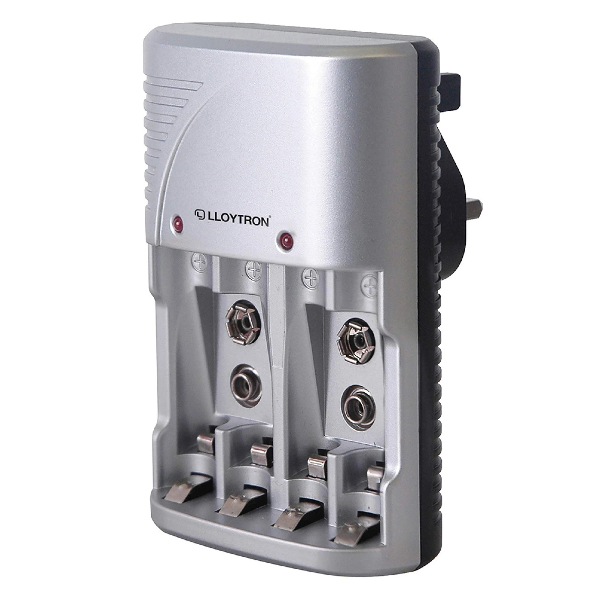 LLOYTRON Compact AA / AAA / 9v (PP3) Battery Charger for NiMh / NiCd Rechargeable Batteries ? Charge 2 or 4 Batteries at Once ? B1502 - Silver