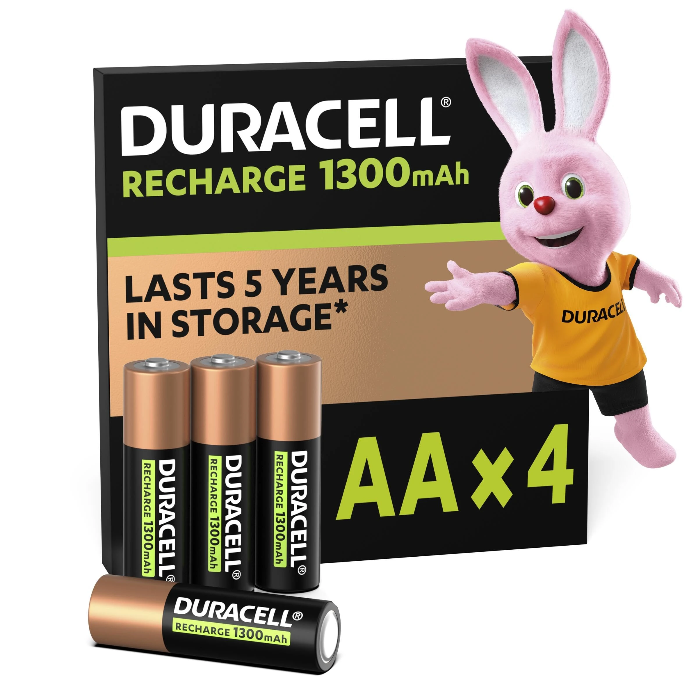 Duracell AA Rechargeable Batteries (Pack of 4), 1300 mAh NiMH, 2000 cycles, pre-charged, Long Lasting Power with a 0% plastic 100% recyclable packaging