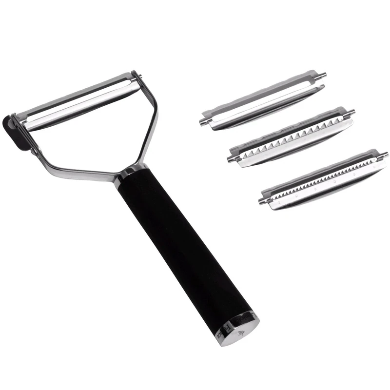 KAI Michel Bras Universal Peeler with 4 blades - 2x smooth blade / 2x julienne blade - T-peeler made of stainless steel with 5.7 cm blade / 10 cm handle - peeler for vegetables and fruits