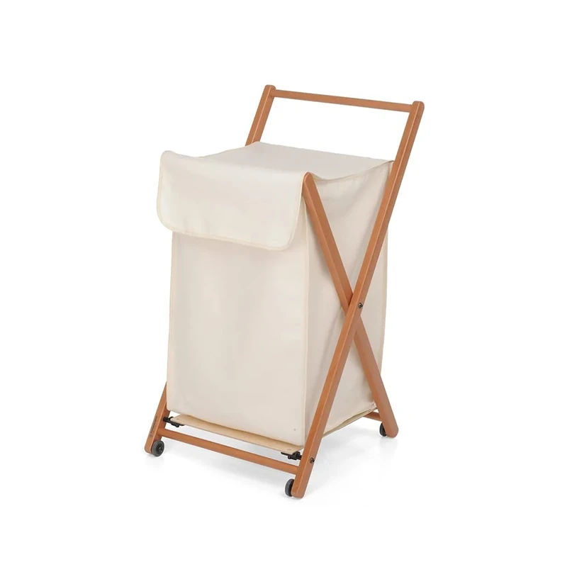 Foppapedretti Laundry Hamper Basket, Walnut, 50 L, Removable Cotton Bag, Wheels