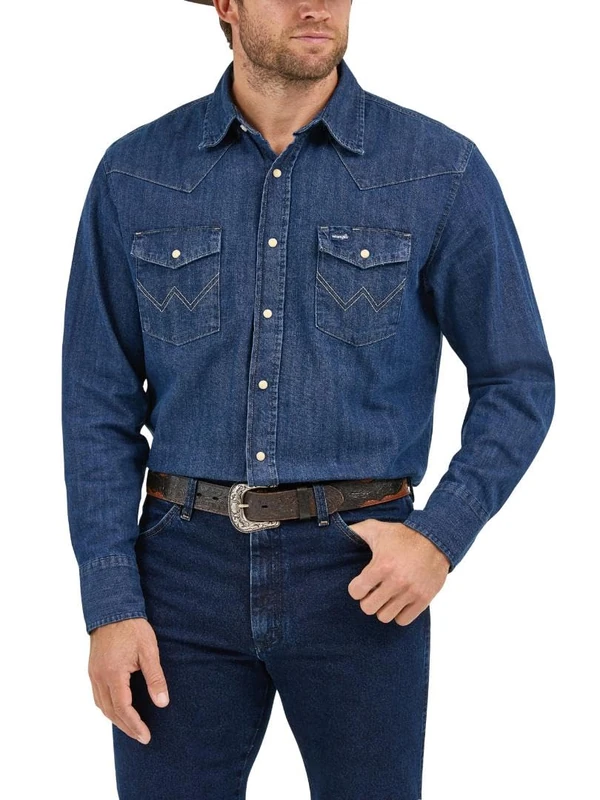 Wrangler Men's Authentic Cowboy Cut Work Western Long-Sleeve Firm Finish Shirt, Indigo Denim, 20/36
