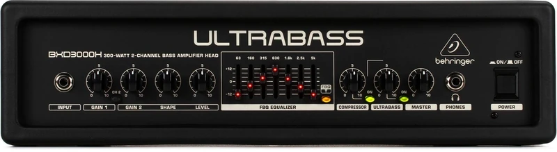 Behringer ULTRABASS BXD3000H Ultra-Lightweight 300 Watt 2 Channel Bass Amplifier Head with FBQ Spectrum Analyzer, Ultrabass Processor and Compressor
