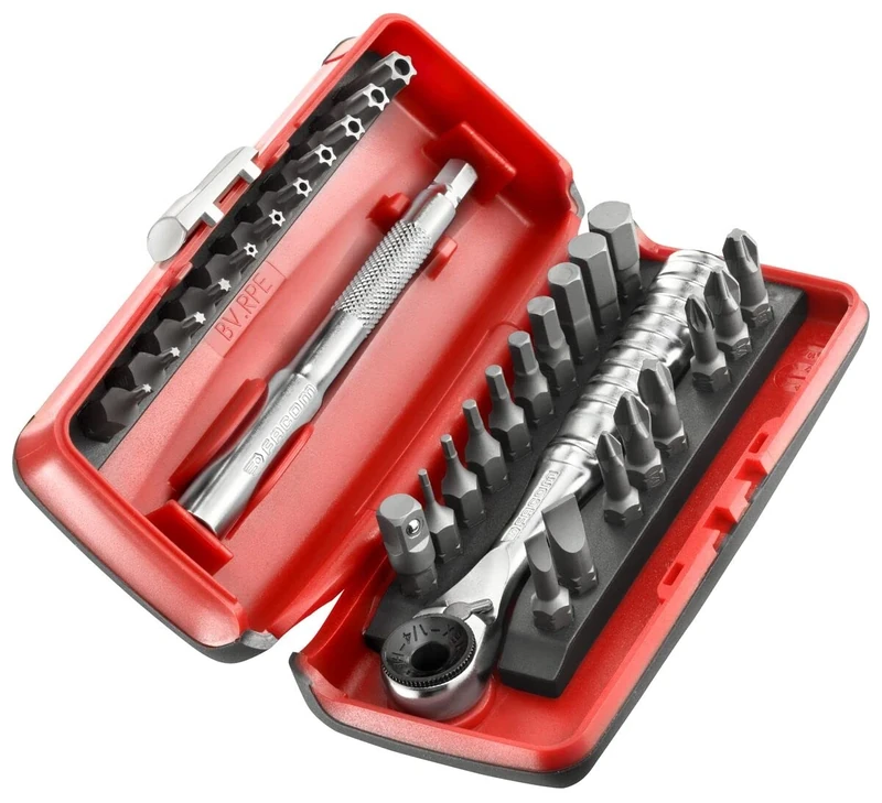 FACOM - 31-Piece 1/4 Inch Bit Set - R.PEJ31-1 Ultra Compact 1/4 Inch Bit Ratchet, 1 Extension, 28 Bits, 1 Socket Bit and 1 Bi-Material Box Included
