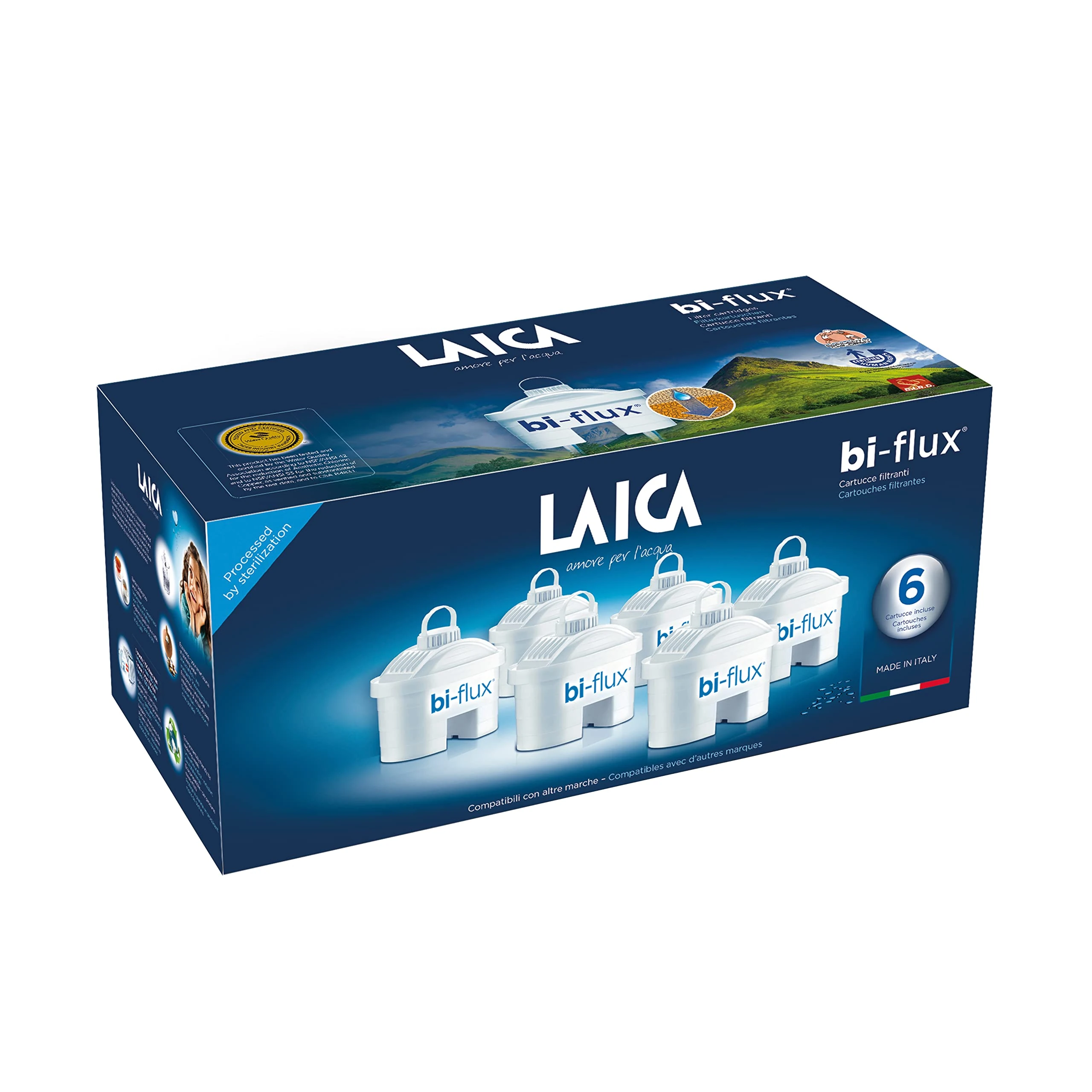 LAICA bi-Flux Water Filter - Preserves Mineral Salts Essential for The Body and Reduces unwanted substances - 6 Months of Filtered, Great-Tasting Water (6 x 150L Filter) - Made in Italy