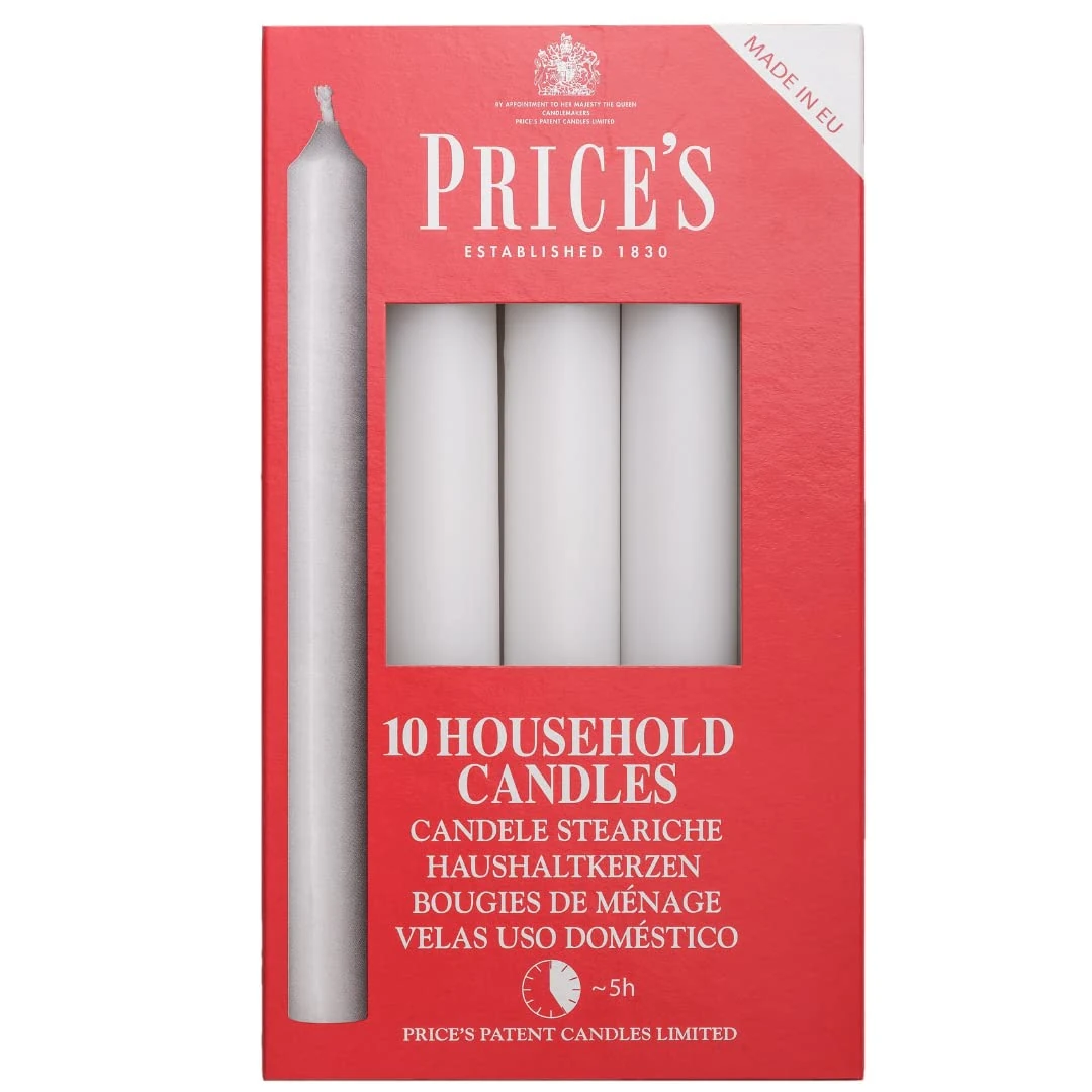 Price's - Household Candles - Pack of 10 - Unscented - 5 Hour Burn Time - Premium White Wax