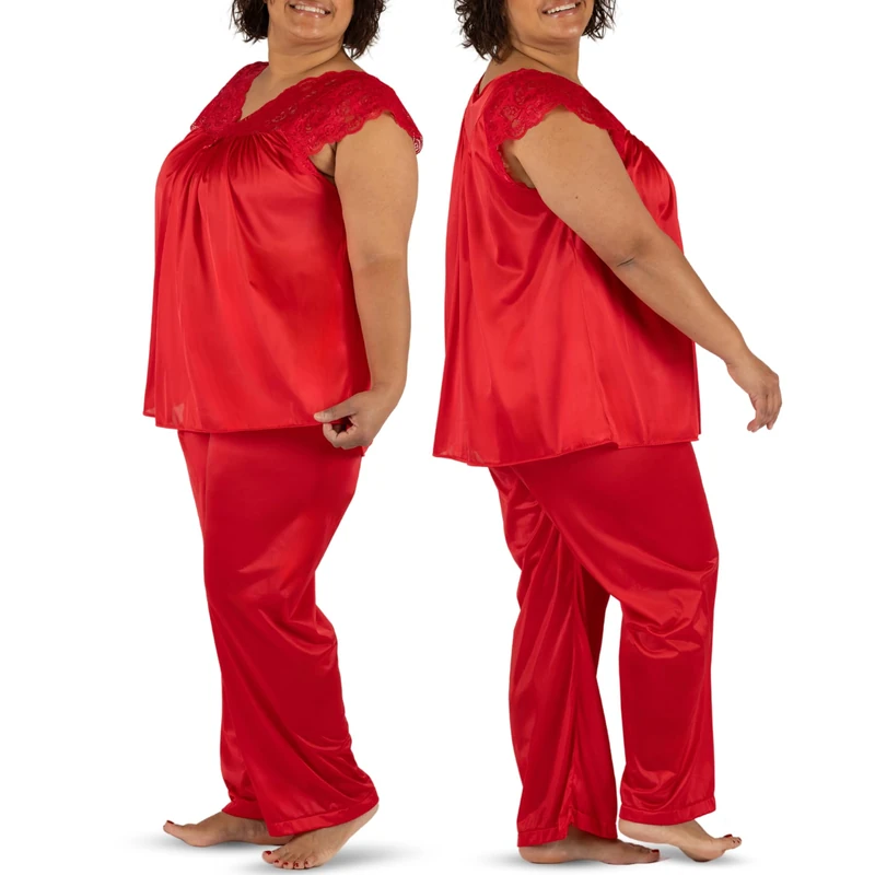Shadowline Women's Silhouette Short Cap Sleeve Pajama Set, Red, 1x - Image 1