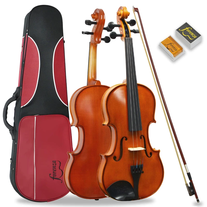 Forenza Prima 2 1/10 Size Violin Outfit with Ebony Fingerboard and Pegs, Lightweight Hard Case, Wood Bow, Rosin, Steel Core Strings