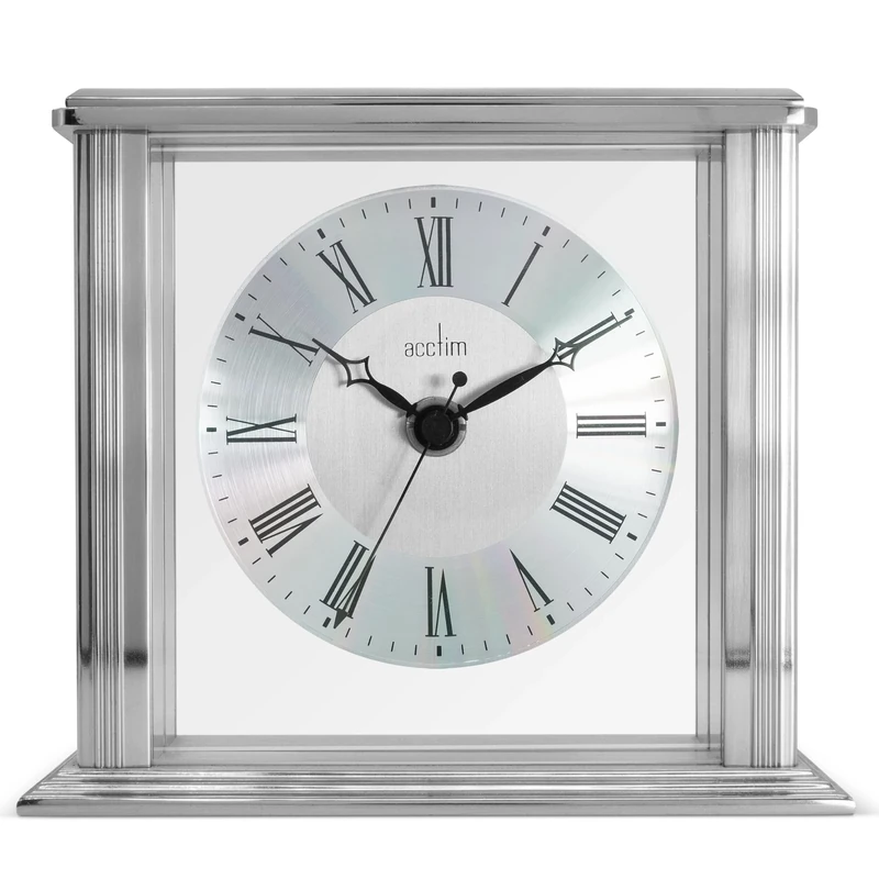 Acctim Hamilton Mantel Clock Quartz Brushed Metal & Glass Floating Effect Energy Efficient Silver