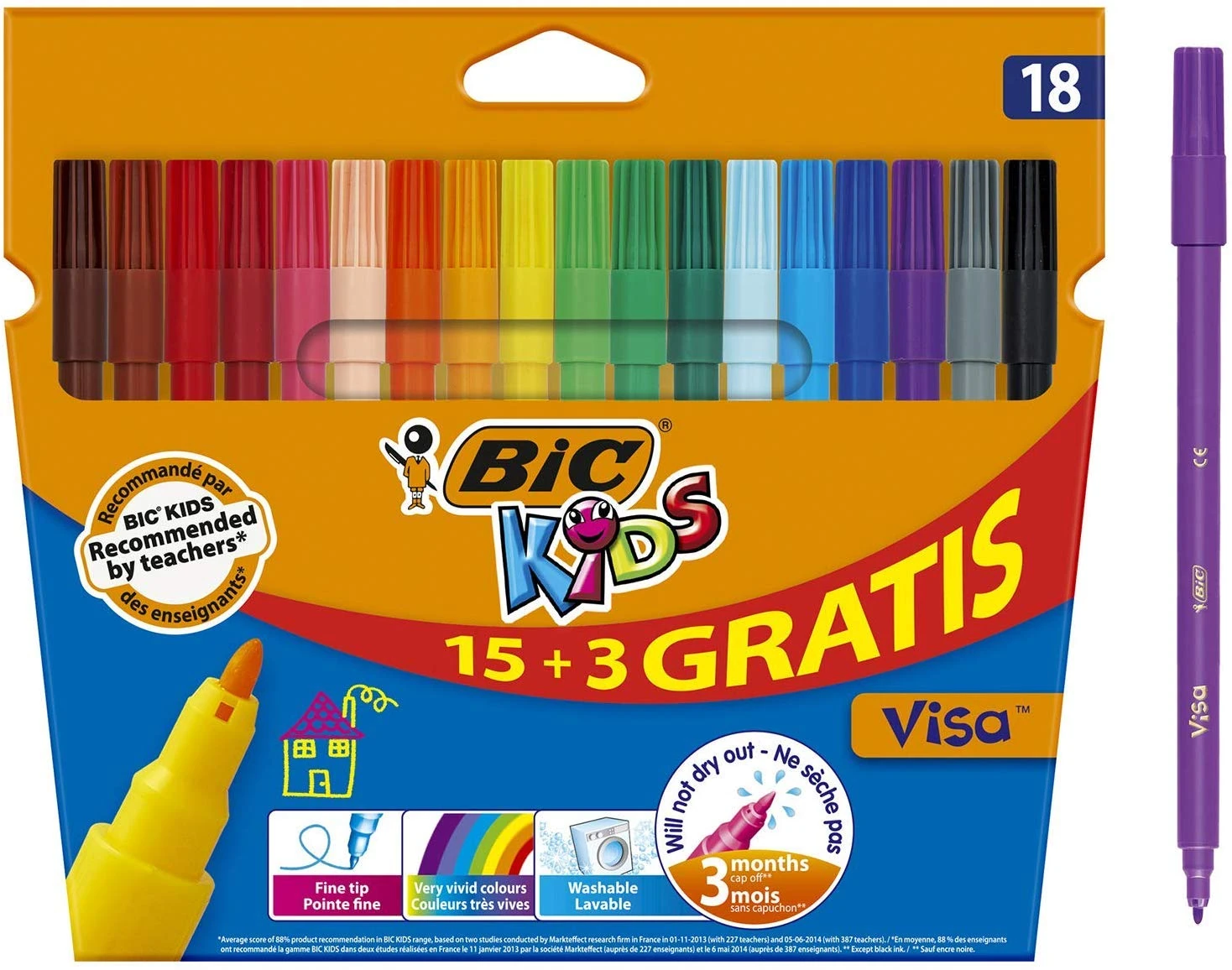 BIC Kids Visa Felt Tip Pens, Fine Tip, Very Vivid Colouring Pens, Washable Markers, Back to School Supplies, 18 Pack