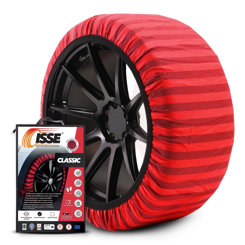 ISSE Snow Socks T-54 | Homologated and High Safety Textile Snow Chains - Kit of 2 Chains for Cars + Gloves