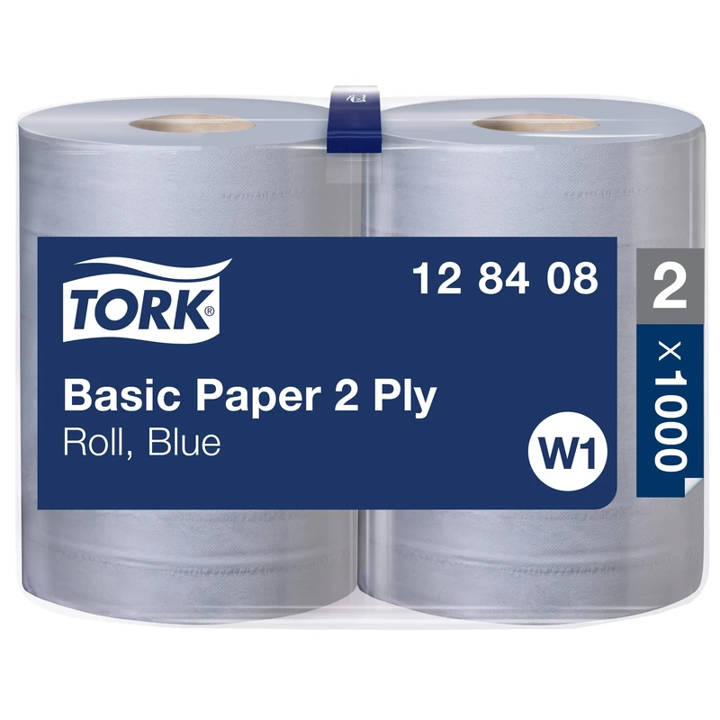 Tork 128408 Basic Paper 2 Ply / Absorbent, Recycled Paper Roll Suitable for Tork W1 Wipers Wall/Floor/Standard System / Blue / 2 x 340m / Ø 26.3cm