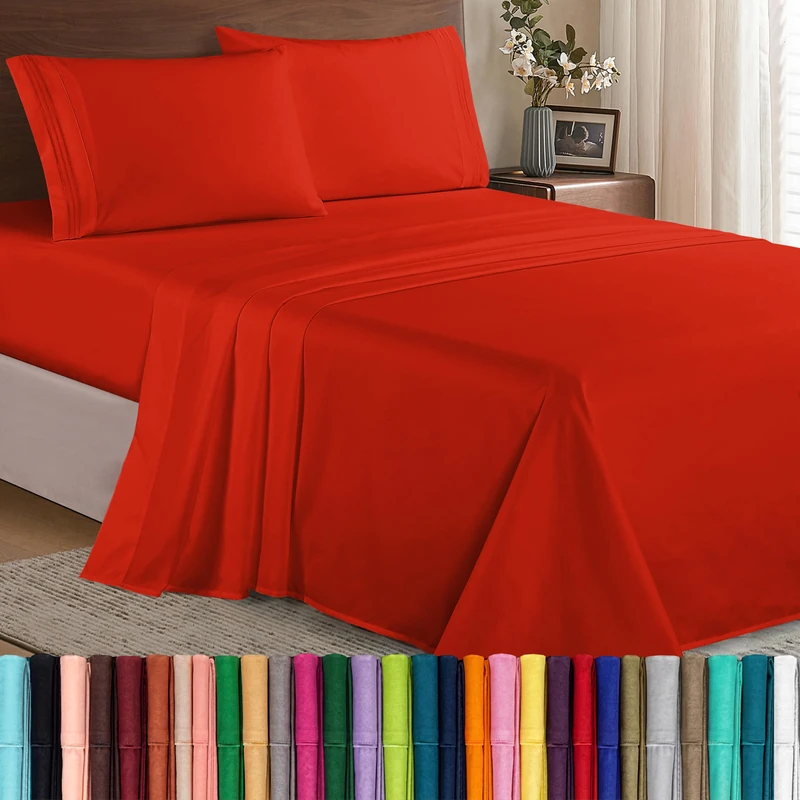 Elegant Comfort Coziest Bedding Set, Easy All Around Elastic Fitted Sheet, Deep Pocket up to 16inch, Microfiber, Red, King
