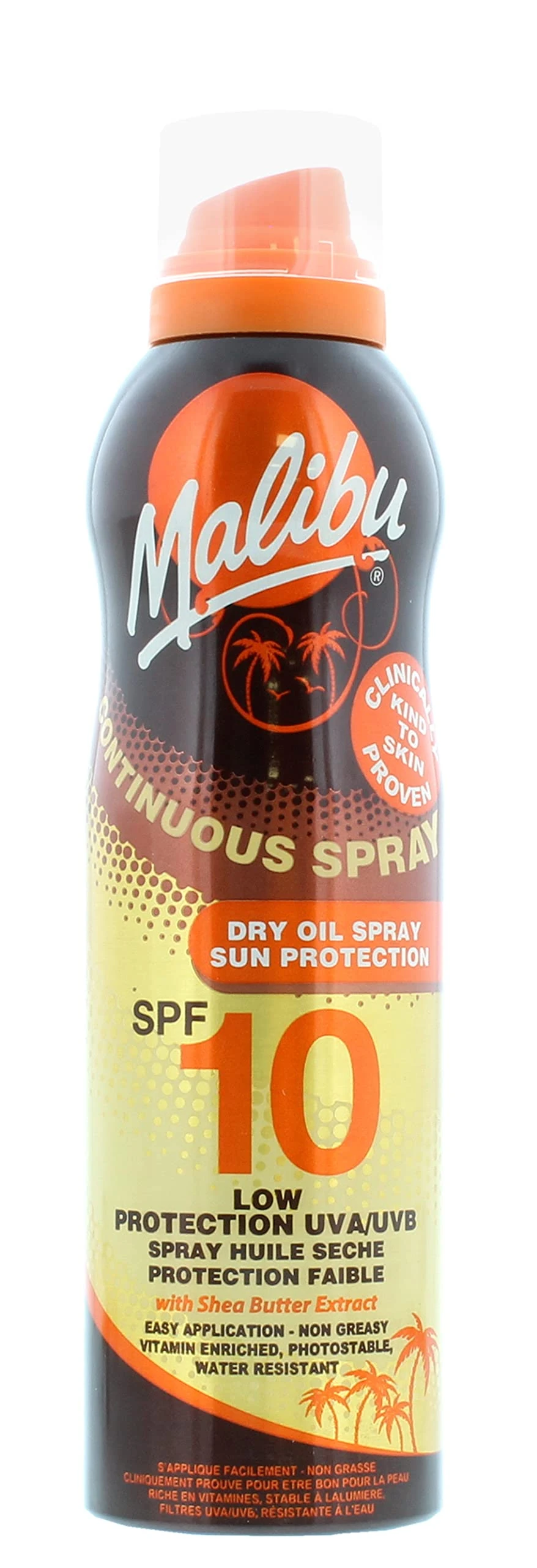 Malibu Sun SPF 10 Continuous Dry Oil Spray for Tanning with Shea Butter Extract, Low Protection, Water Resistant, 175ml