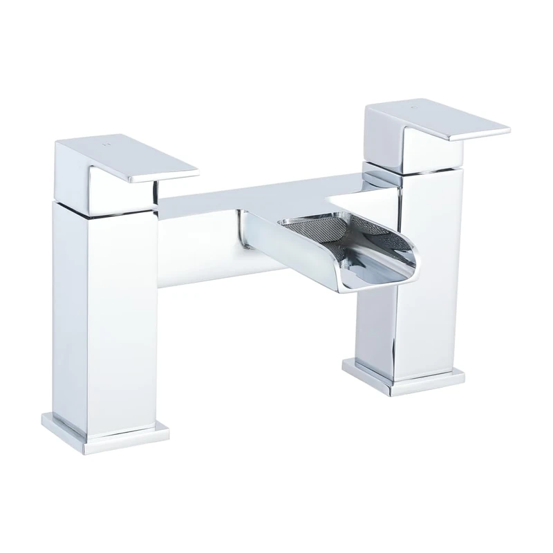 iBathUK Double Square Waterfall Bath Filler Mixer Tap, Deck Mounted with Hot and Cold Indicators, Square Bathroom Taps Pair, Chrome G3/4", Modern Square Design