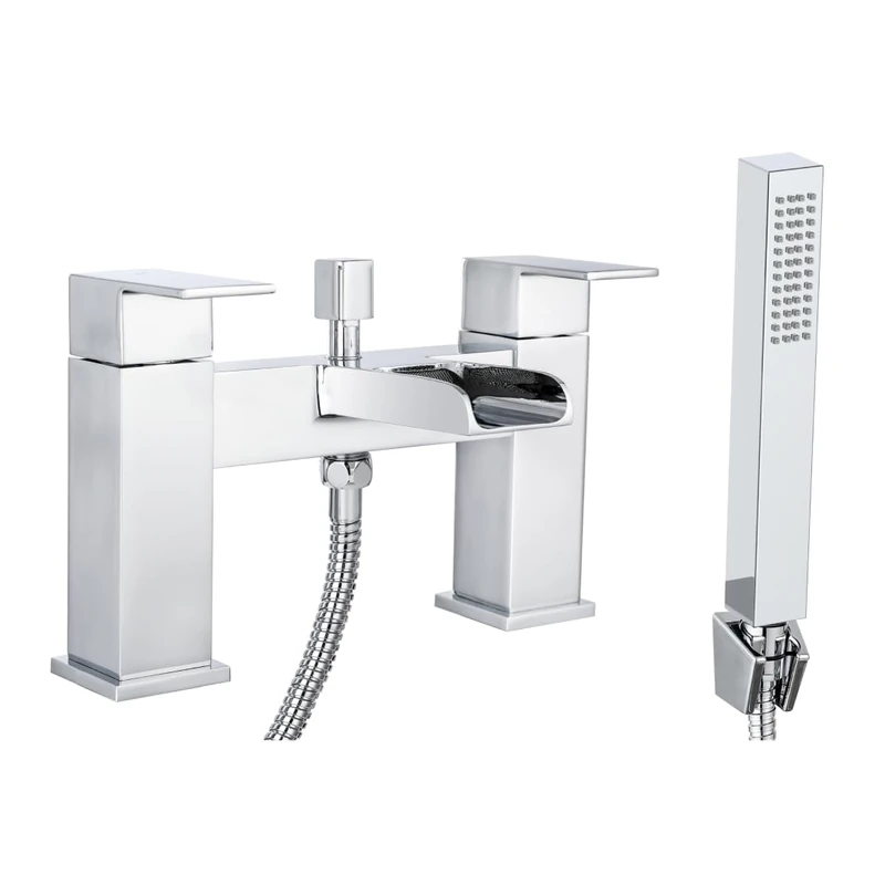 iBathUK Square Waterfall Bath Shower Mixer Filler Tap Kit, Hot and Cold Taps, Dual Lever Tap with Shower Attachment, Square Bathroom and Basin Taps - Chrome,G3/4"
