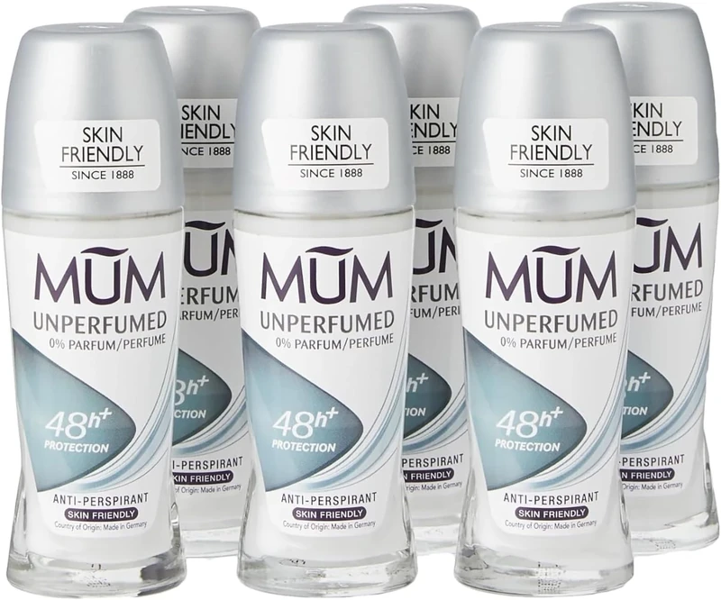 Mum Unperfumed Roll On Deodorant, 48 Hours Plus Protection, Alcohol Free Womens Mens Deodorant, Anti-Perspirant, Vegan, Sustainable Glass Bottle, Fragrance Free, 50 ml, Pack of 6 - Image 1