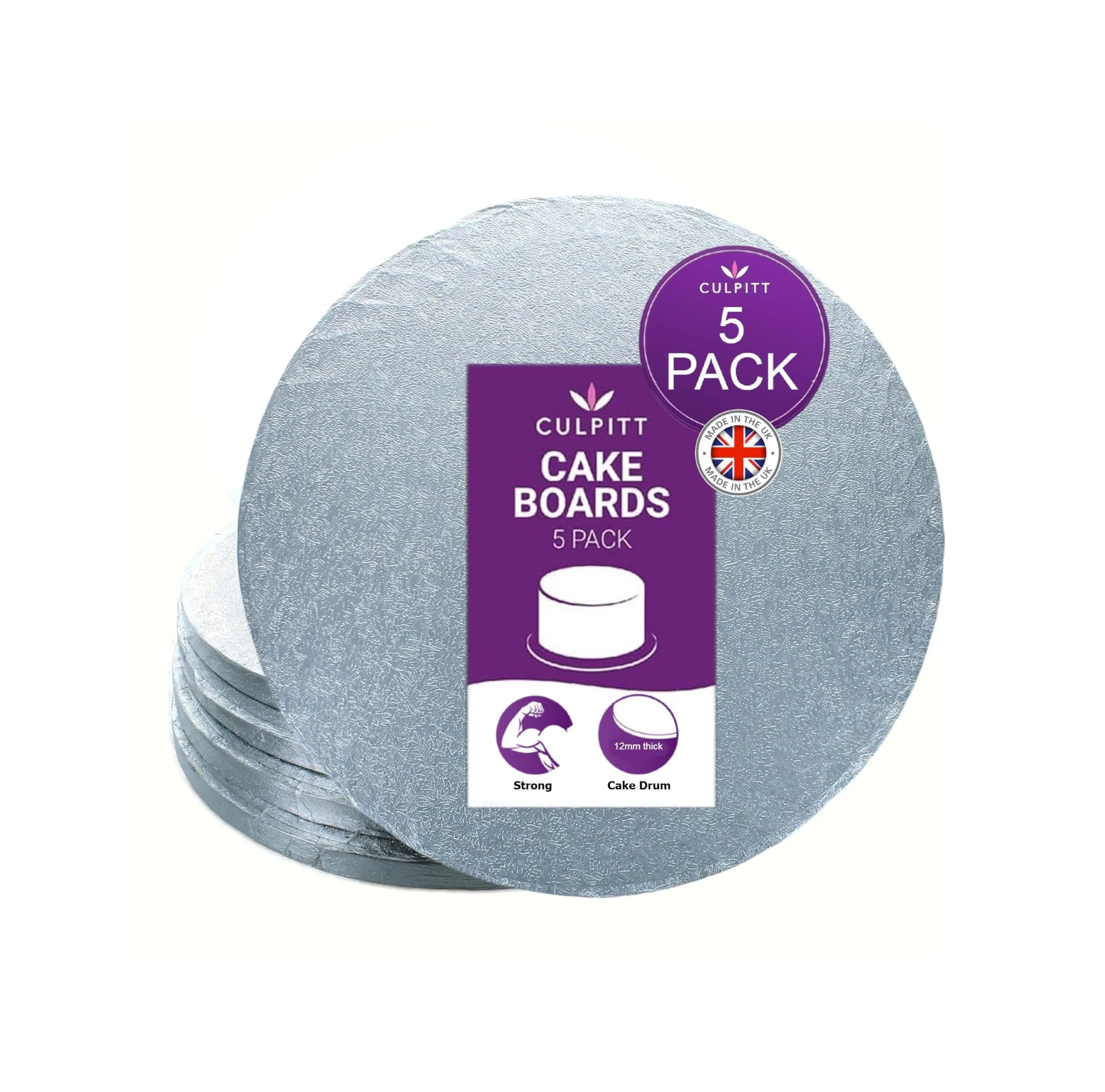 Culpitt Cake Board, Cake Drum, Silver Fern, 12 Inch (304mm) Round, 0.5 Inch (13mm) Thick, (Pack of 5 Boards)