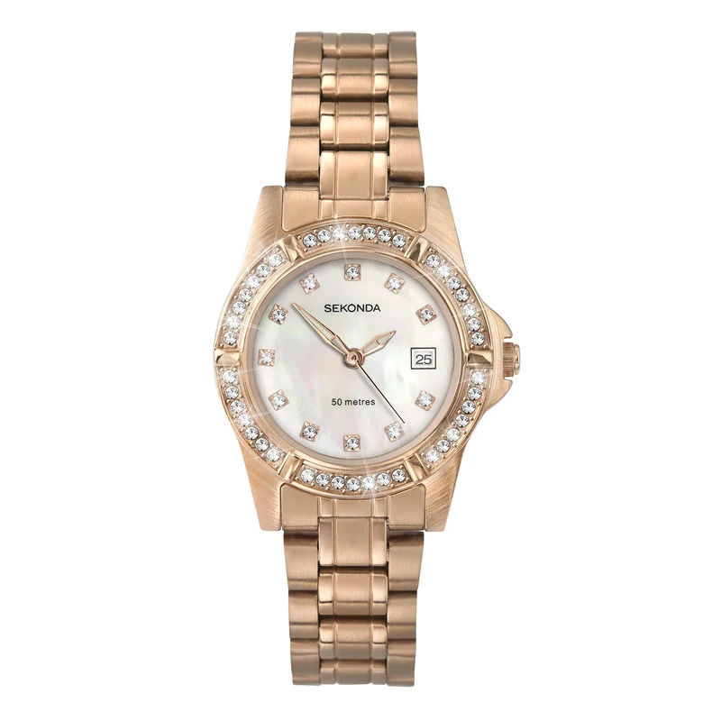 Sekonda Sienna Womens Watch – 28mm Ladies Watch with Stone Set Bezel, Date Window and Rose Gold-Tone Stainless Steel Bracelet – 50m Water Resistant – 2 Year Warranty