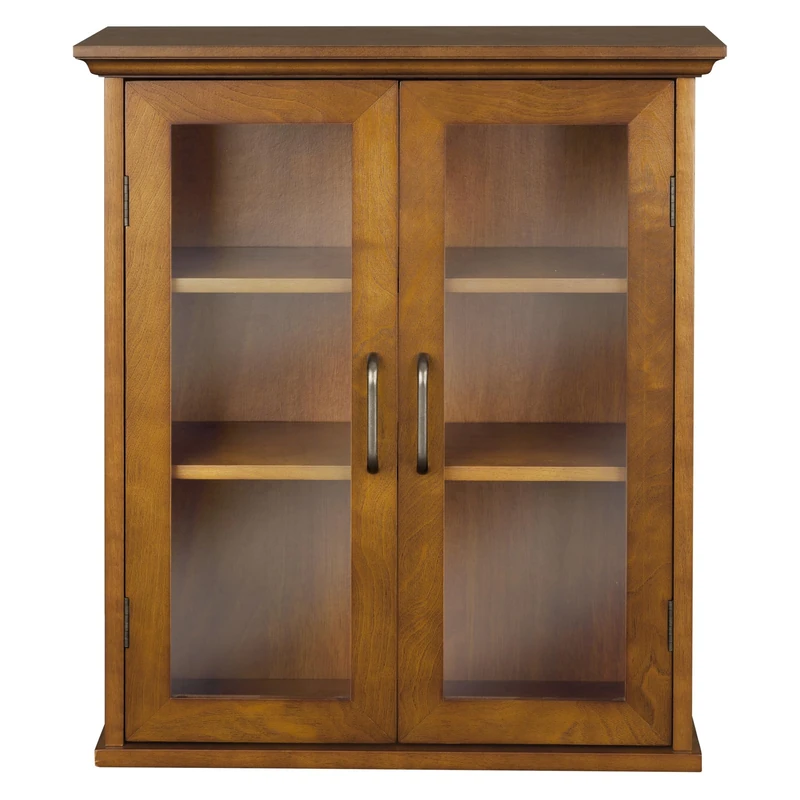 Teamson Home Avery Removable Two-Door Wall Cabinet, Oiled Oak Veneer with Tempered Glass Doors, Antique Brass Handles, 2 Adjustable Shelves for Bathroom or Kitchen Storage