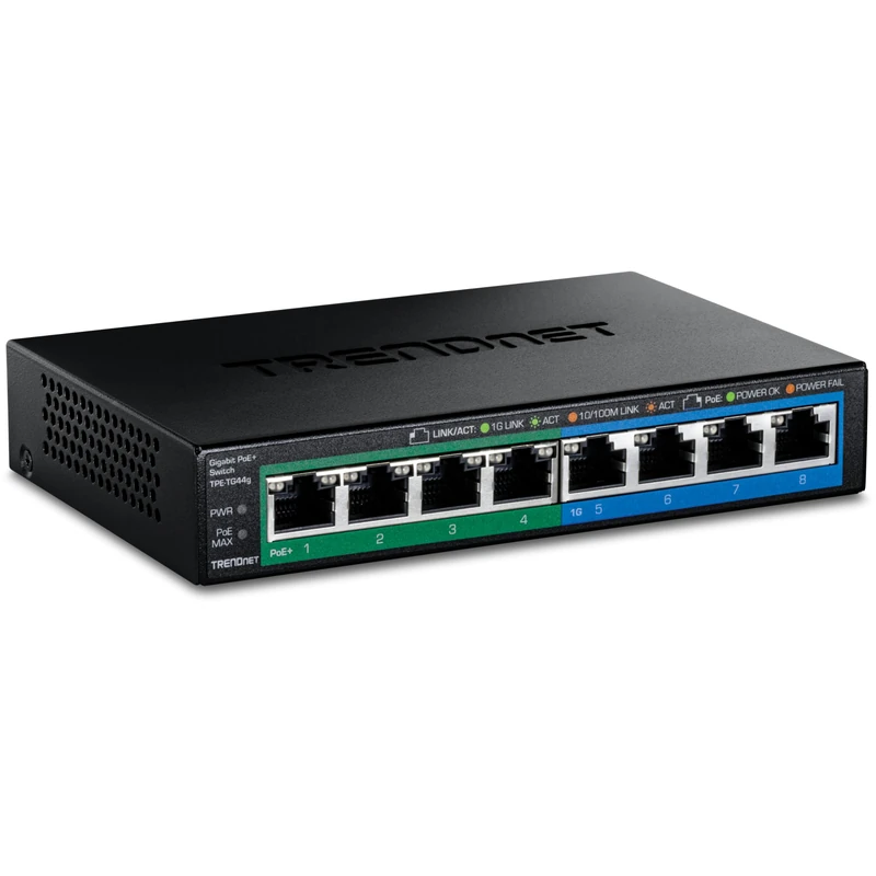 TRENDnet 8-Port Gigabit GREENnet PoE+ Switch, TPE-TG44G, 4 x Gigabit PoE/PoE+ Up to 30 W/Port, 4 x Gigabit, 61 W Power Budget, 16 Gbps Switch Capacity, Ethernet Unmanaged Switch