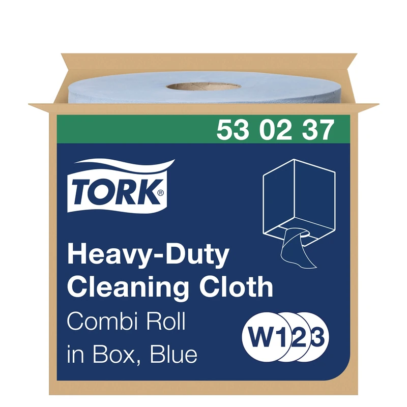 Tork 530237 Heavy-Duty Cleaning Cloth / 1 Ply Multipurpose Disposable Cotton Towel Suitable for W1, W2 and W3 Wipers Systems / Blue / 1 x 106.4m / Ø 25cm