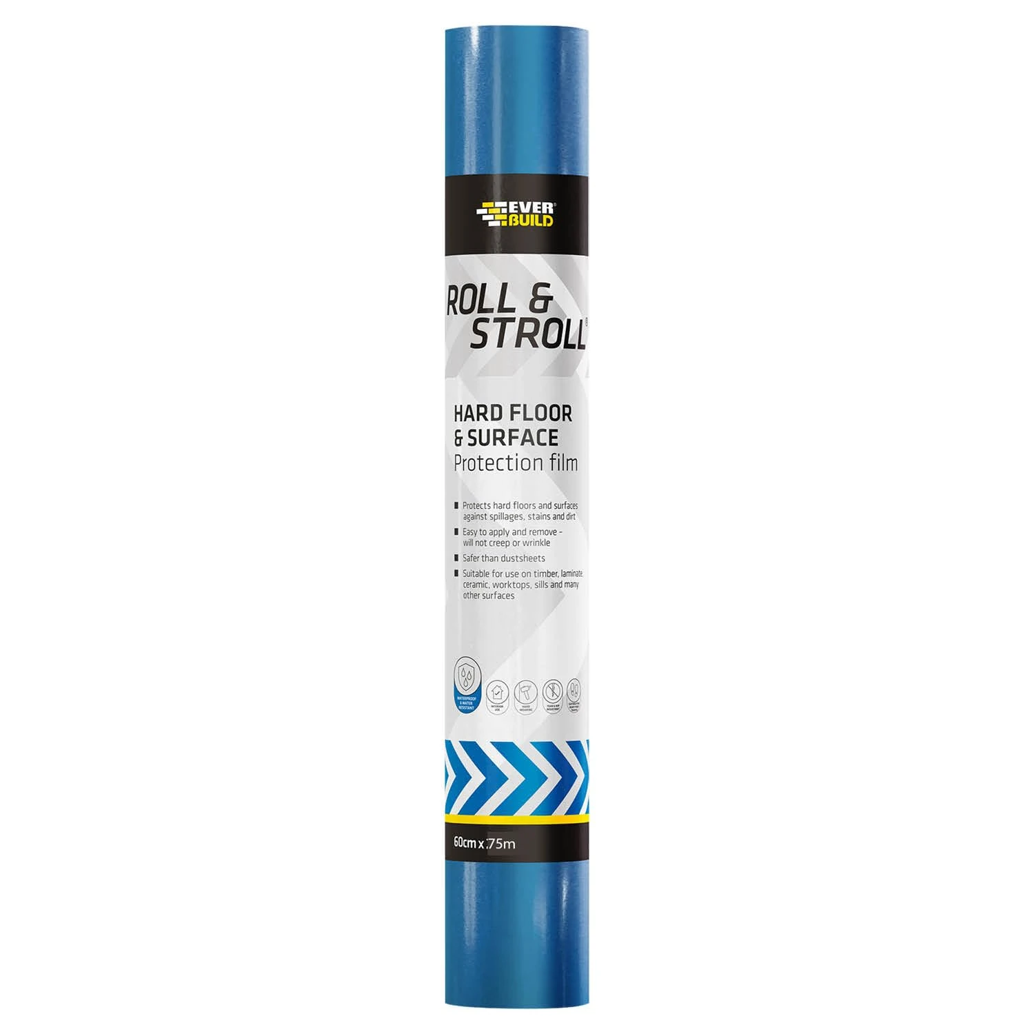 Everbuild Roll & Stroll Hard Surface Protector – Self-Adhesive – Totally Waterproof – Transparent Blue – 600mm x 75m Roll