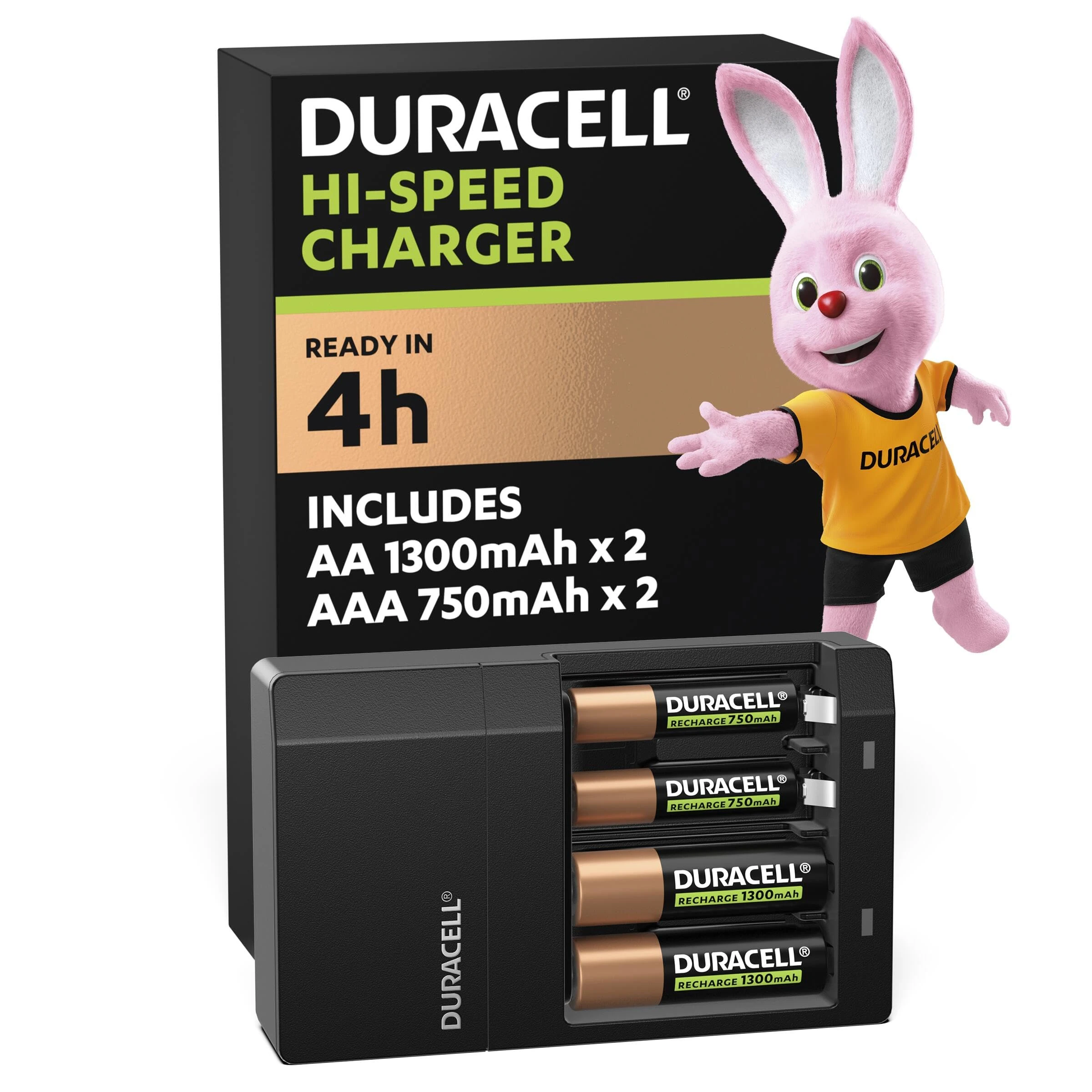 DURACELL Hi-Speed Battery Charger, 4 hours, Compatible with AA and AAA NiMh Batteries, 2x AA 1300mAh and 2x AAA 750 mAh, Rechargeable Batteries Included