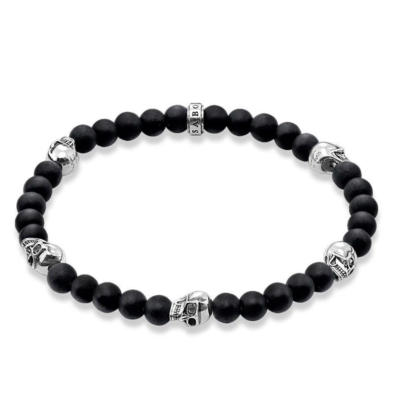 THOMAS SABO A1097-023-11-L Women's Bracelet Sterling Silver Rebel at Heart Matte Black Obsidian and Mini Sculls Width 0.5 cm, 19.0 cm, Sterling Silver, Without Stone