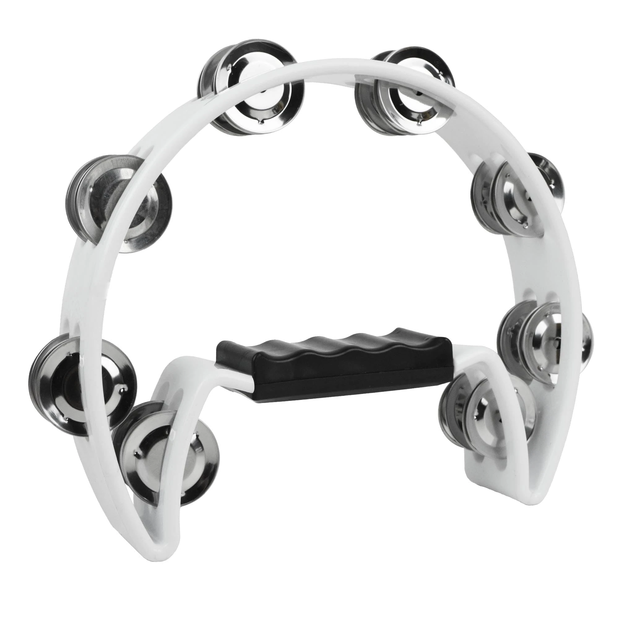 A-Star Half Moon Tambourine, Double Jingle Bell Cutaway with Ergonomic Grip Handle - Singers, Bands, Musicians, Music Classes - White