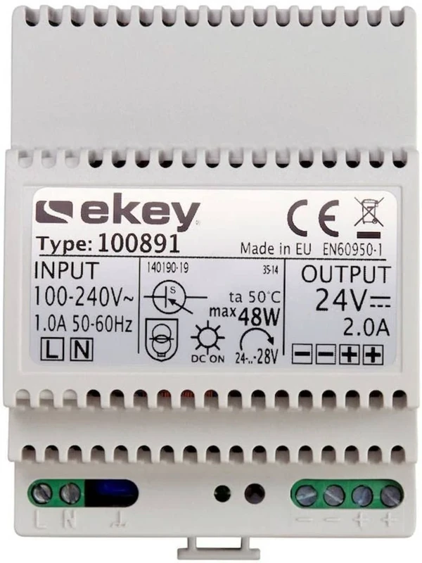 EKEY 100891 power supply for DIN-rail mounting with 230 VAC/24 VDC/2 A, For supplying power to ekey access control systems for your home, 48 W, 230 V, gray