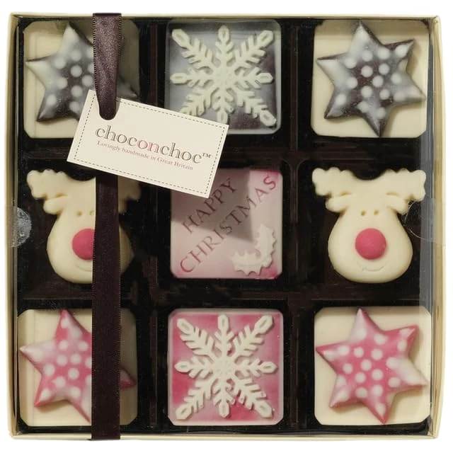 Choc on Choc Handmade White & Dark Chocolate Snowflakes and Reindeer Box, 200g – Christmas Set with 'Happy Christmas' Message