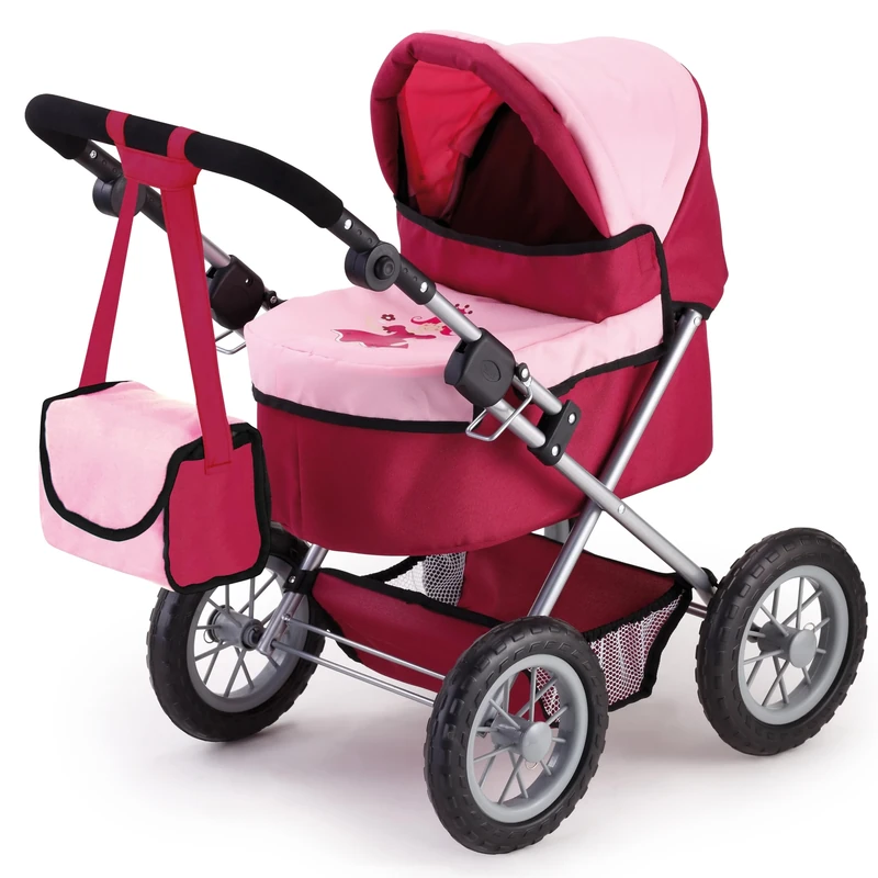 Bayer Design 13014AA Dolls Pram Trendy, stroller, foldable, height-adjustable handle, bag, red-pink with princess