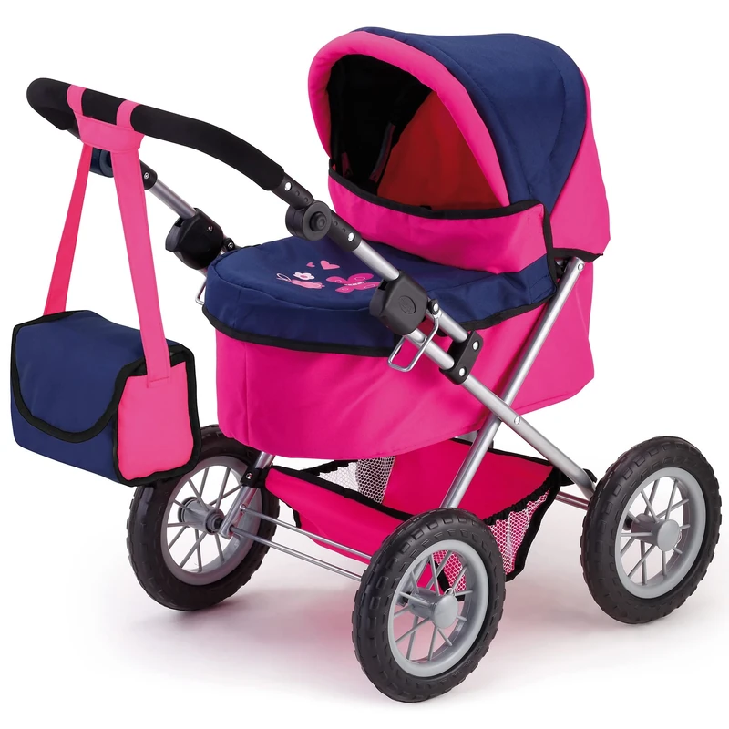 Bayer Design 13013AA Dolls Pram Trendy, stroller, foldable, height-adjustable handle, bag, Blue" Or "Pink