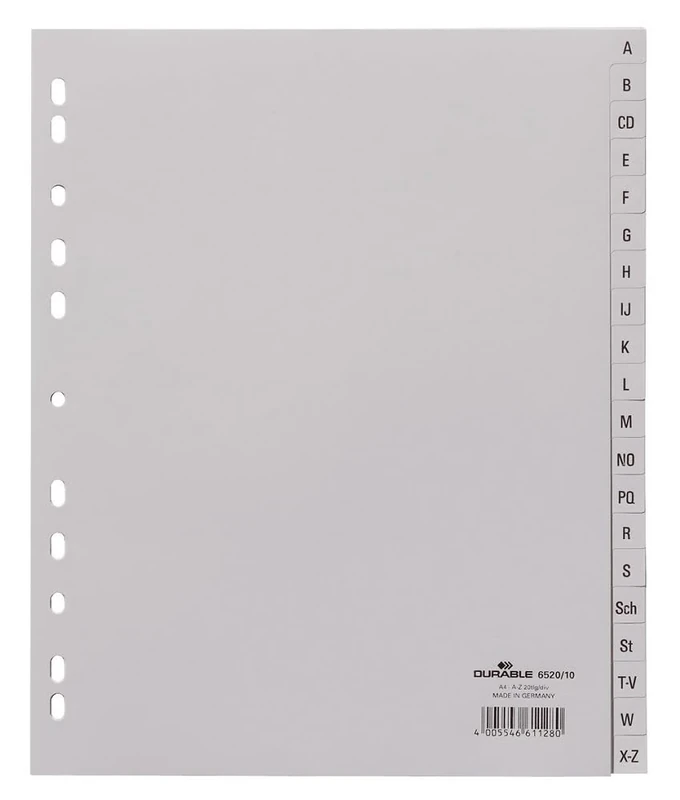 Durable 652010 A4 Portrait Polypropylene A-Z Index File with Printed Tabs and 20 Divisions - Grey (Pack of 20)
