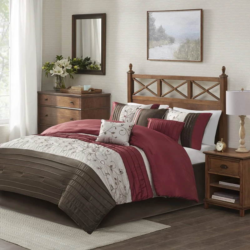 Madison Park All Season Set, Matching Bed Skirt, Decorative Pillows, Polyester, Red, Queen(90"x90")
