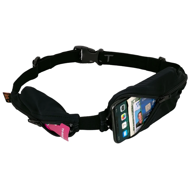 SPIbelt Double Pocket Running Belt, Black Fabric/Black Zipper/Logo Band